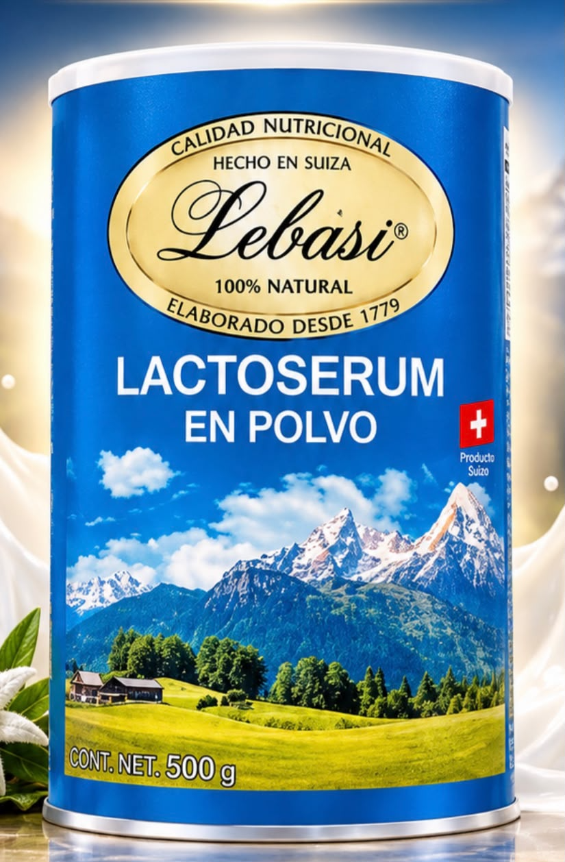 Fotografía proporcionada del producto Lebasi Lactoserum en Polvo de 500 gramos, envase azul con etiqueta dorada y paisaje suizo